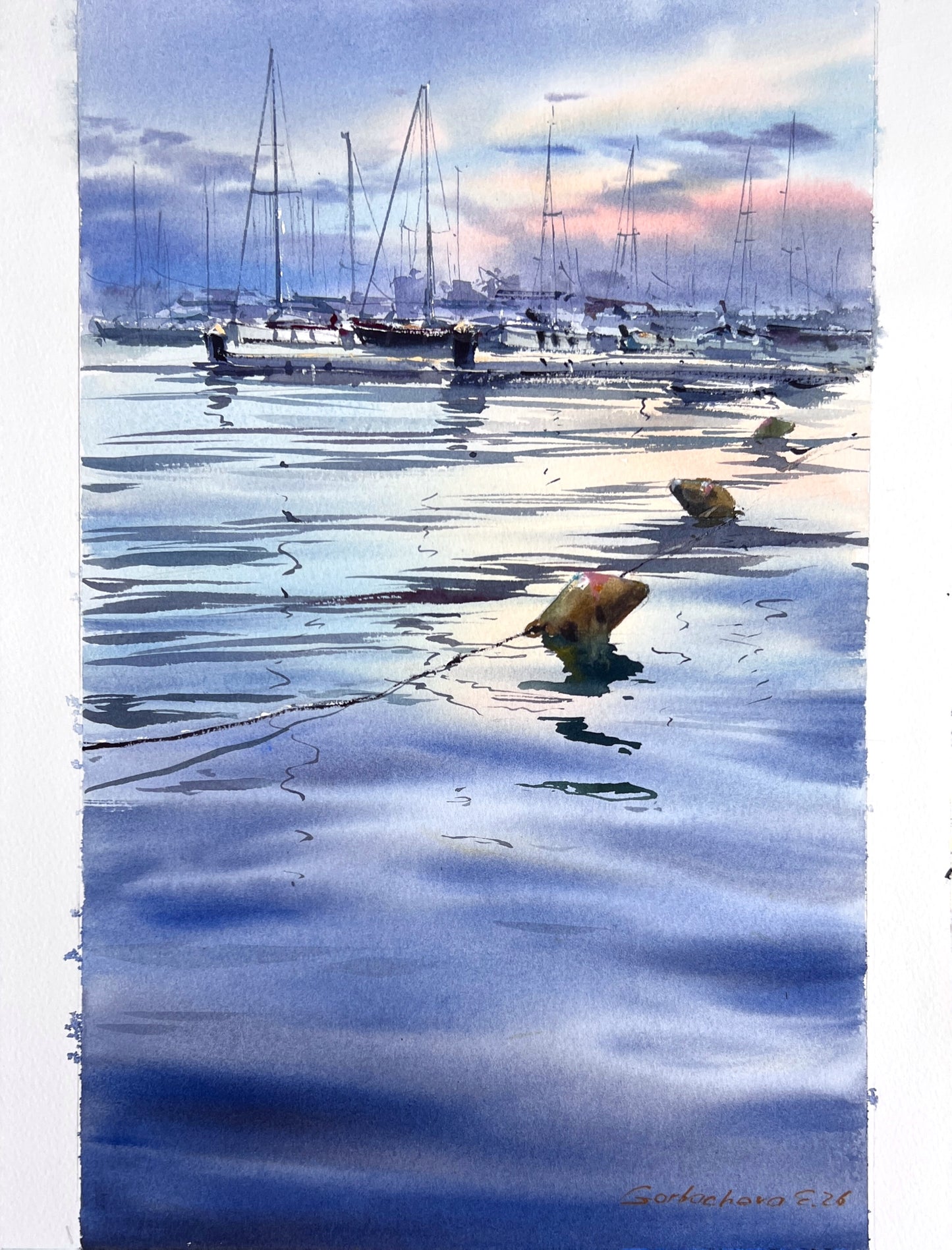 Original Watercolor Marina Painting | Sailboats at Sunset | Harbor Silence 10x16