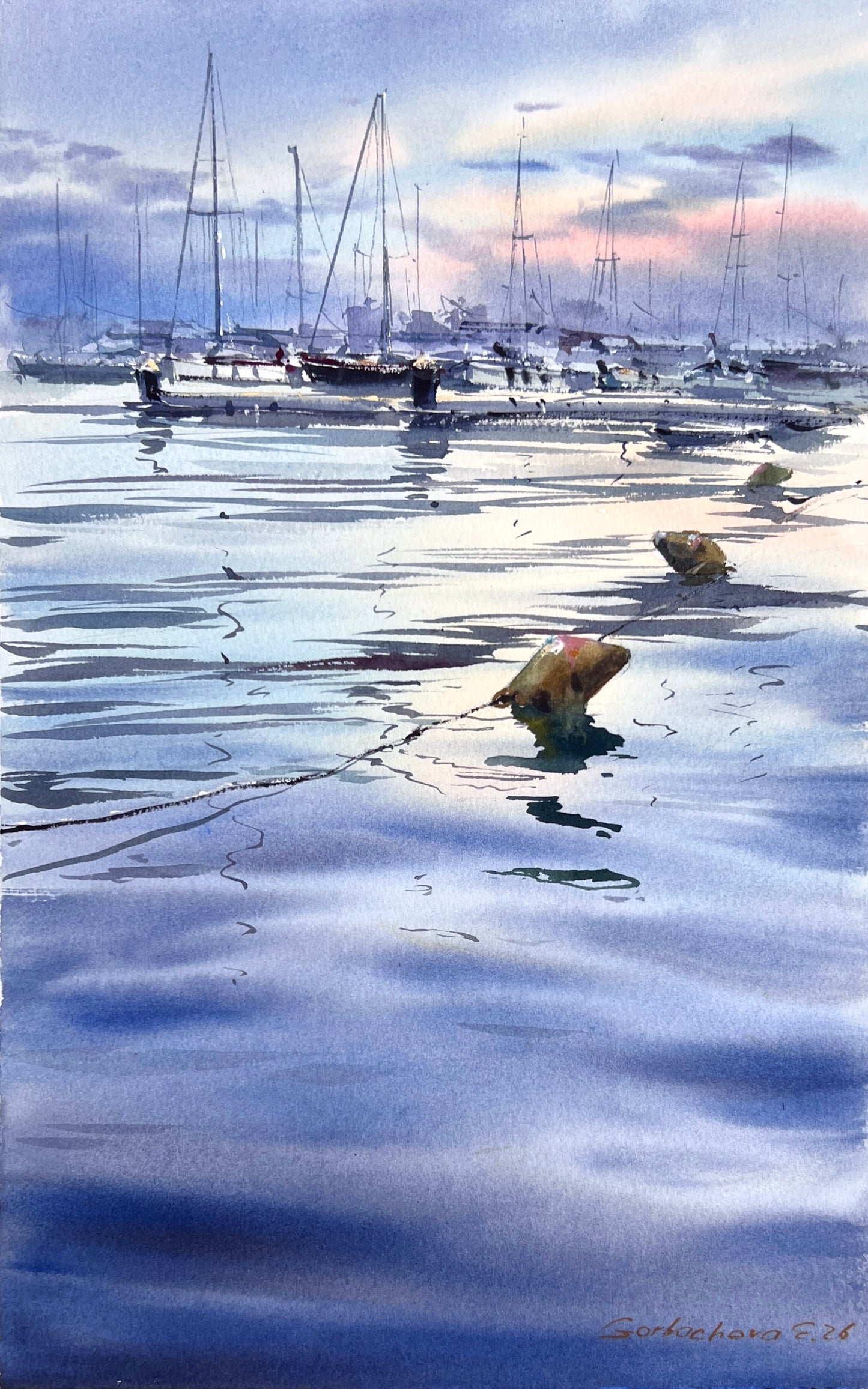 Original Watercolor Marina Painting | Sailboats at Sunset | Harbor Silence 10x16