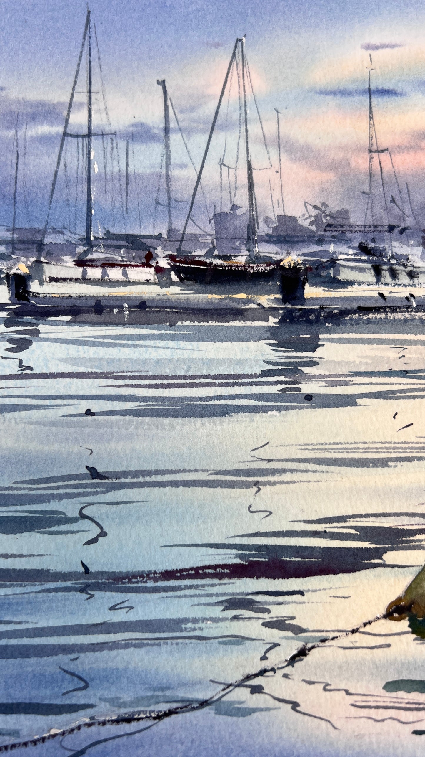 Original Watercolor Marina Painting | Sailboats at Sunset | Harbor Silence 10x16