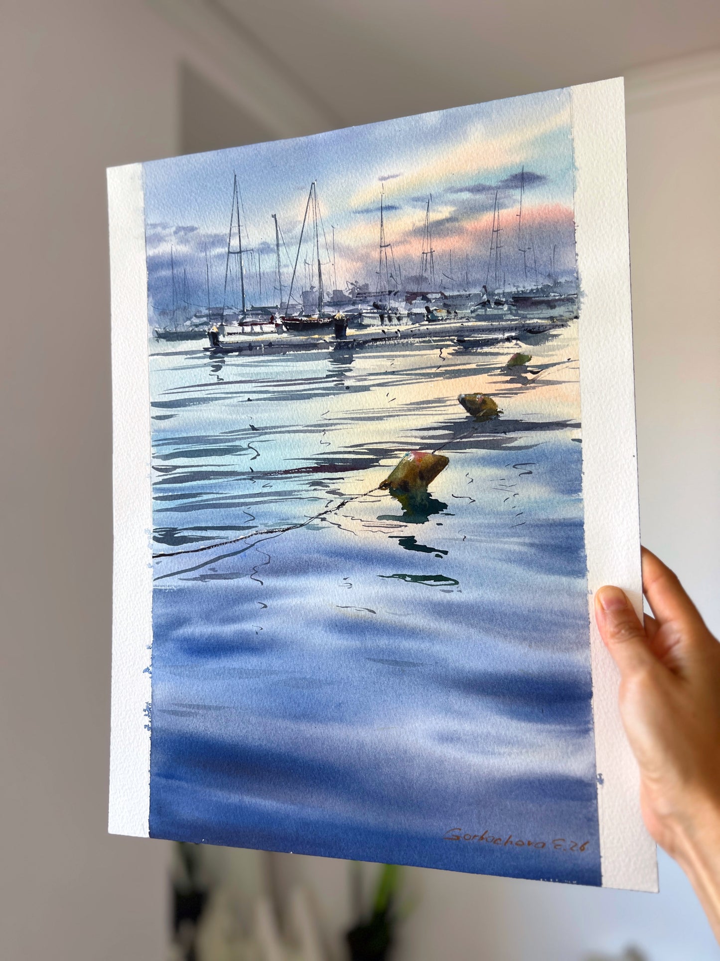 Original Watercolor Marina Painting | Sailboats at Sunset | Harbor Silence 10x16