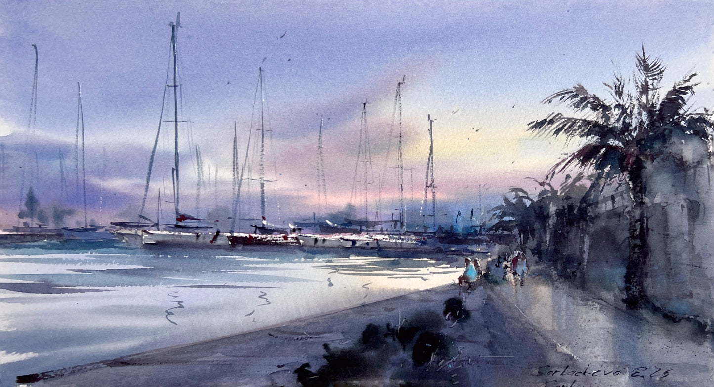 Original Valencia Marina Watercolor Painting | Spain Harbor Seascape | Valencia Twilight 8x15