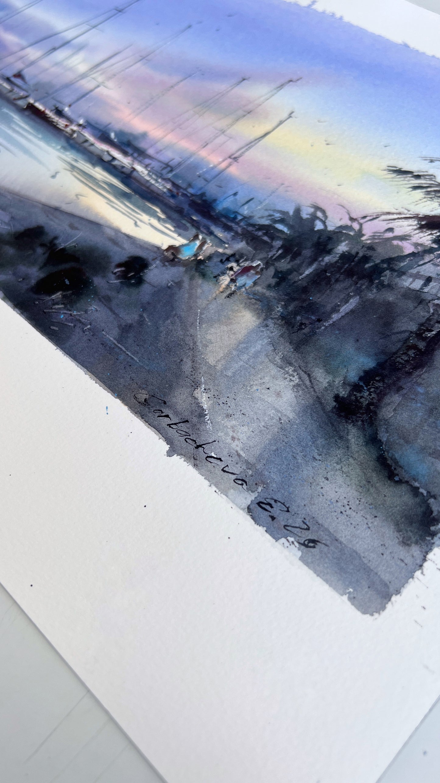 Original Valencia Marina Watercolor Painting | Spain Harbor Seascape | Valencia Twilight 8x15