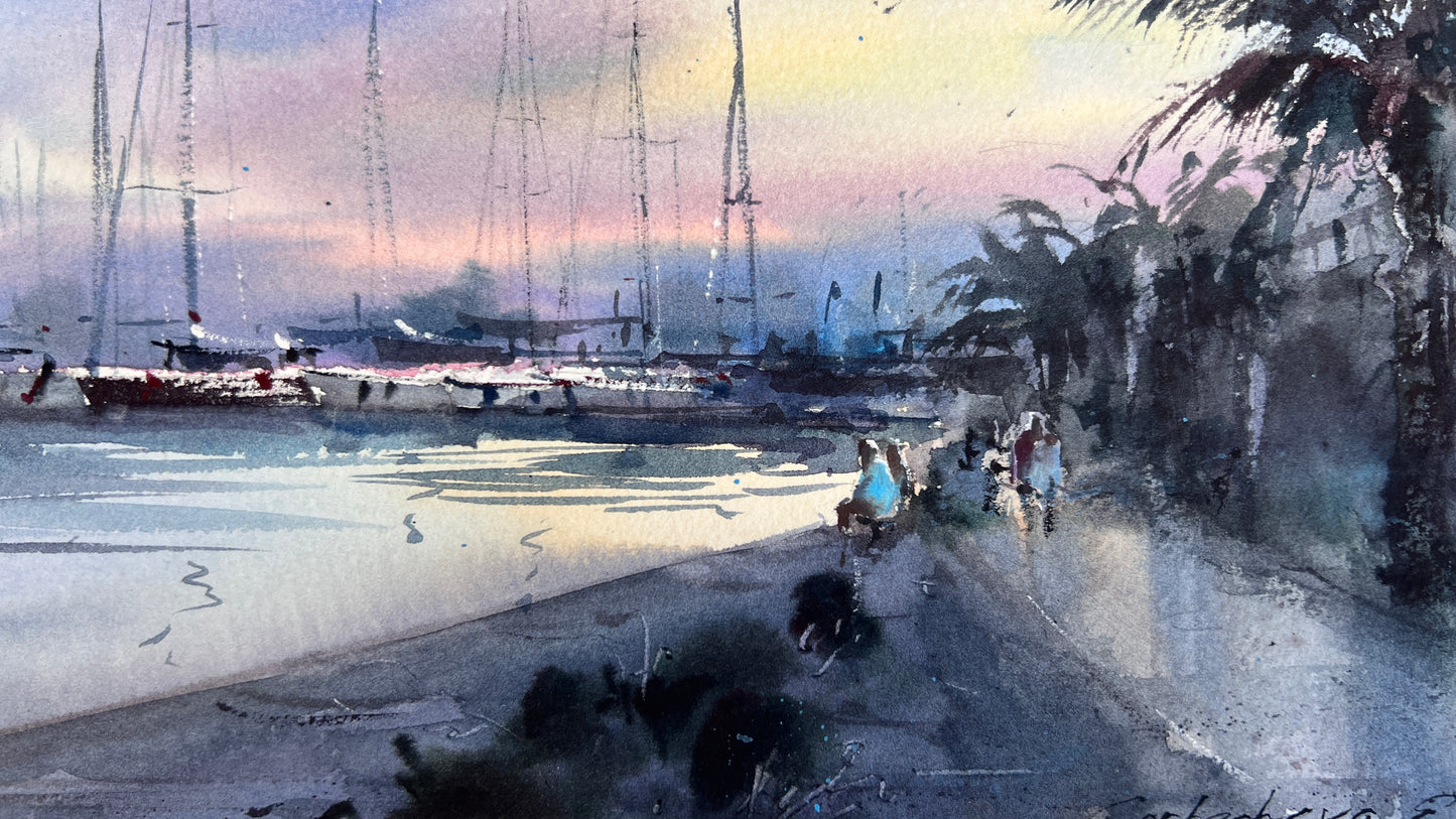 Original Valencia Marina Watercolor Painting | Spain Harbor Seascape | Valencia Twilight 8x15