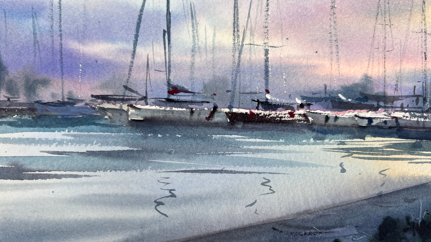 Original Valencia Marina Watercolor Painting | Spain Harbor Seascape | Valencia Twilight 8x15