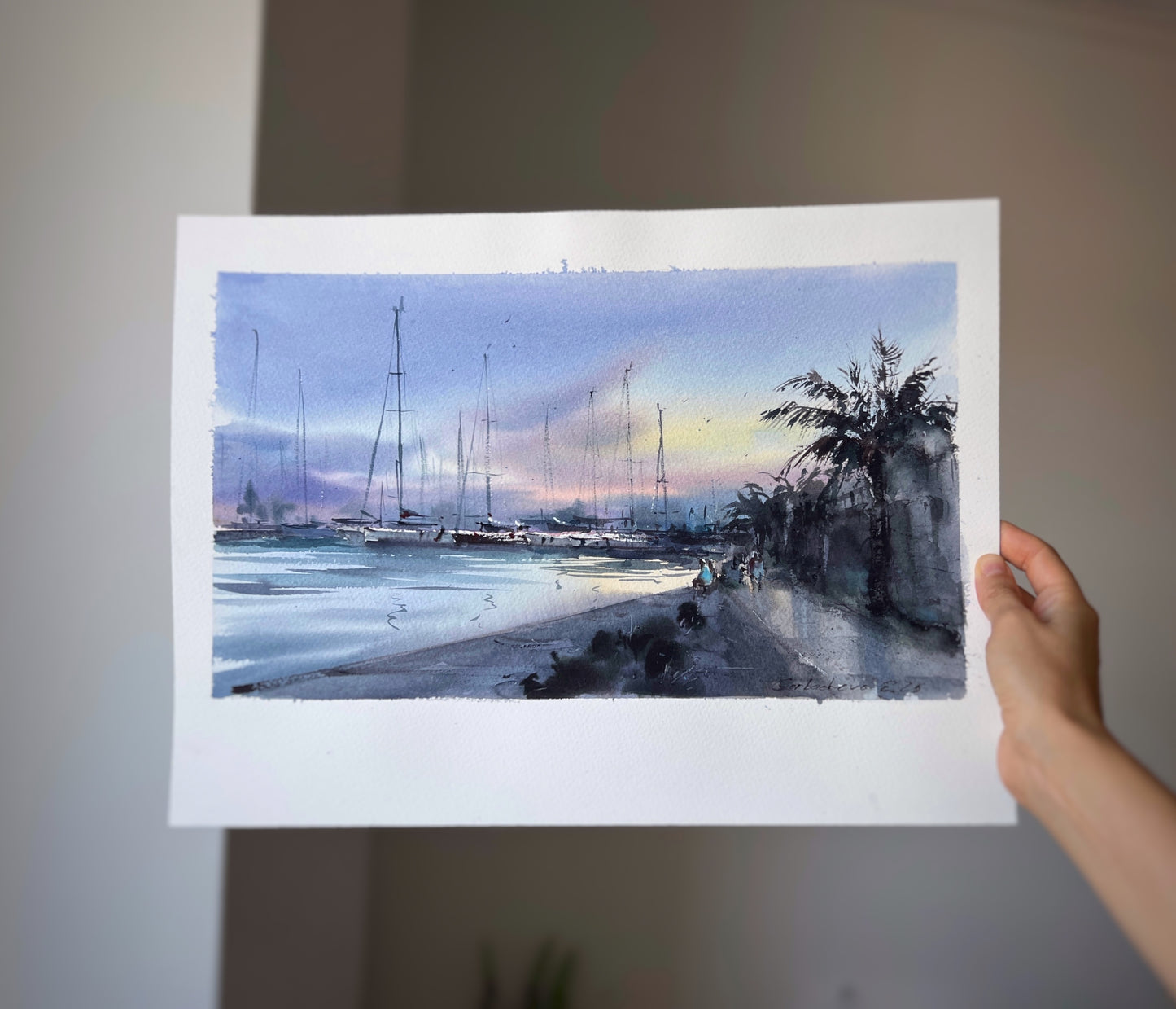 Original Valencia Marina Watercolor Painting | Spain Harbor Seascape | Valencia Twilight 8x15
