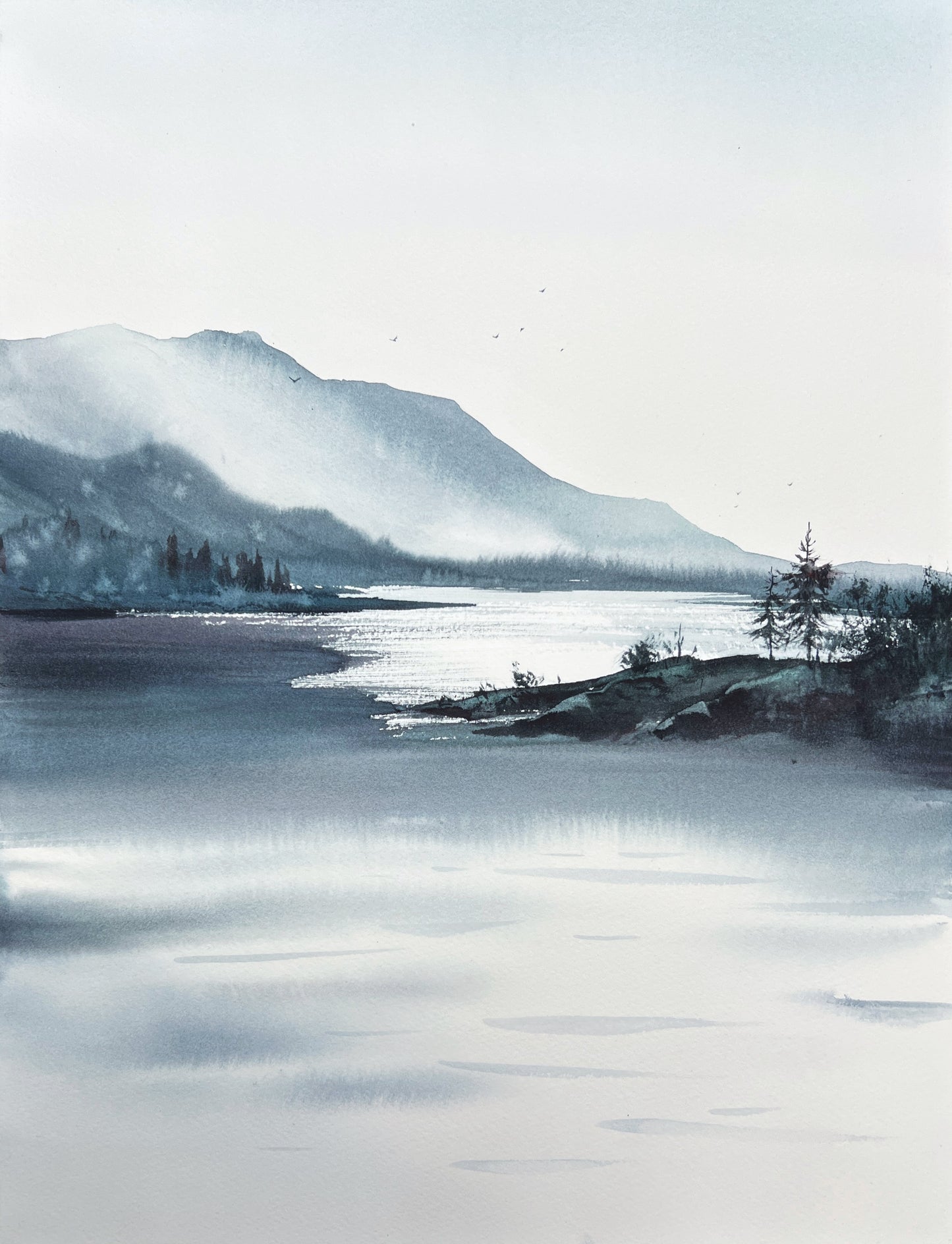 Monochrome Watercolor Original Painting - Mountain Lake #35