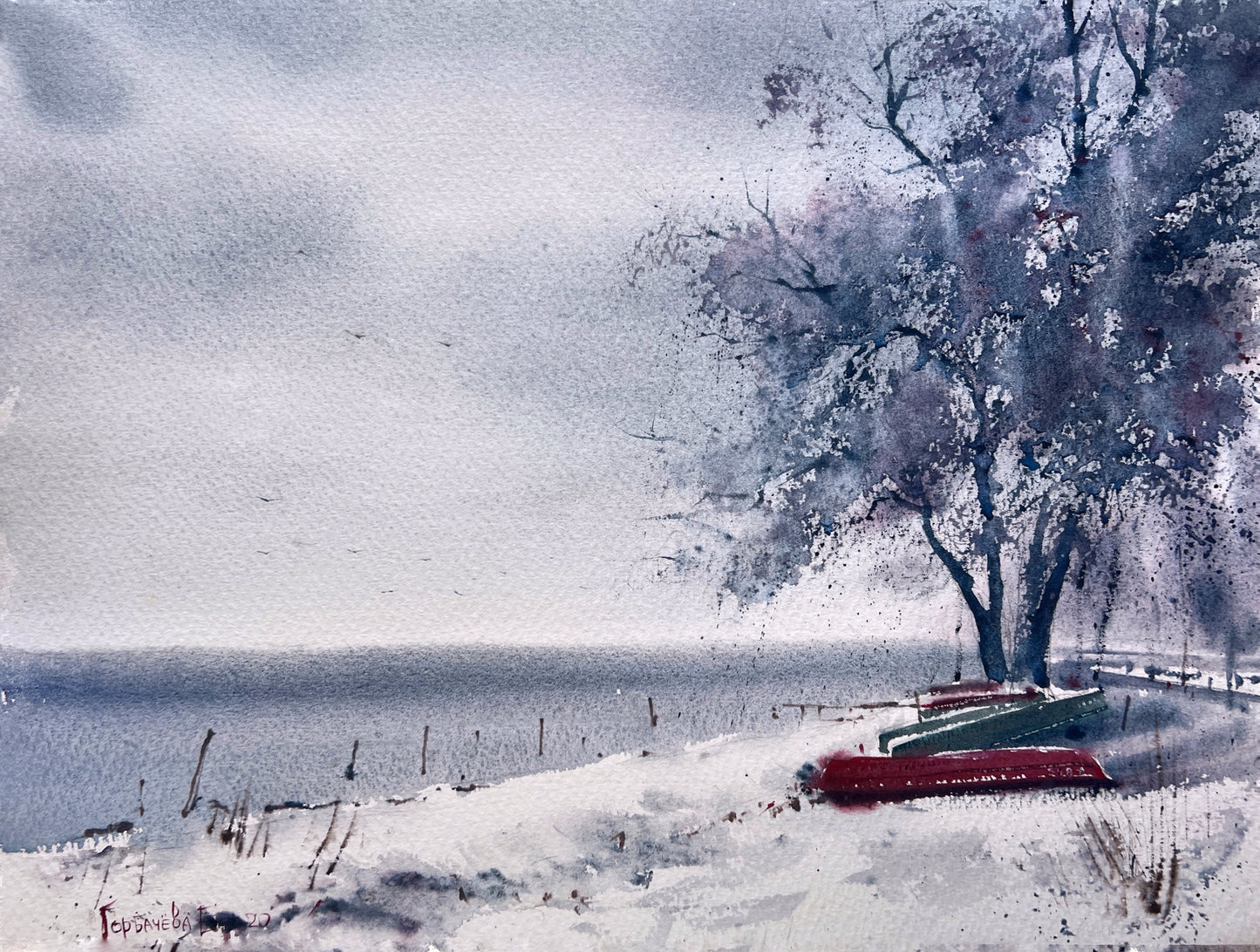 Lake Landscape Painting Watercolor Original, Winter Art, Country House Wall Decor, Rowing Boat, Trees, Nature Artwork
