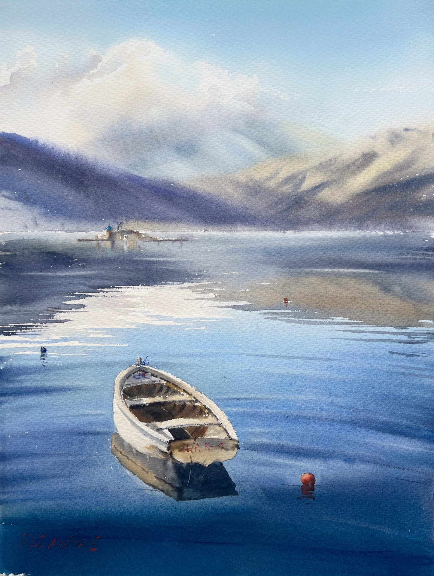 Lake Boat Painting Original Watercolor, Mountain Landscape Wall Art, Nature Cottage Wall Decor, Blue, Gift For Dad