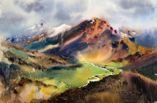 Modern Landscape Painting Watercolour Original - Mountains in Autumn - 15 x 22 in