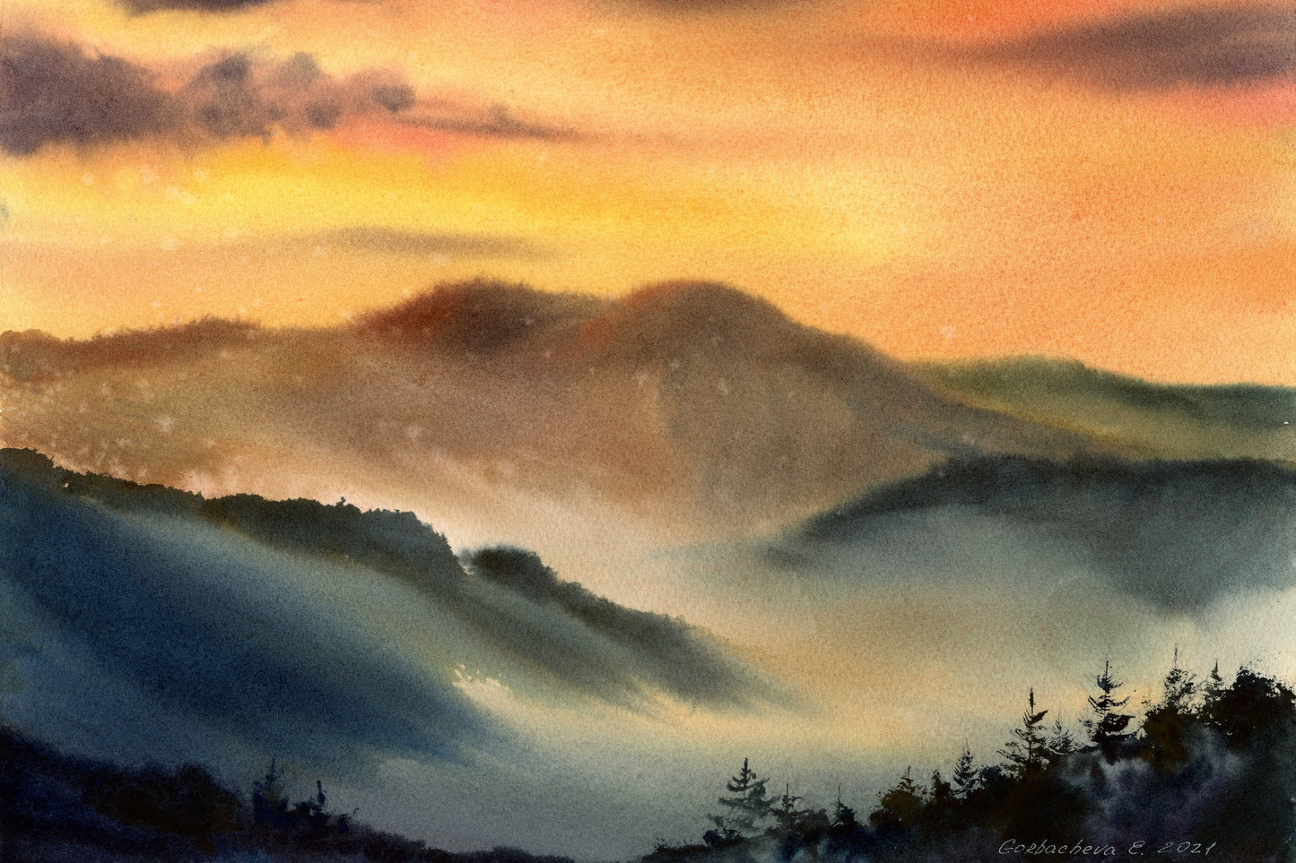 Painted Sunset Wall Art, Mountain Art Print, Modern Landscape Wall Decor, Watercolor Painting, Boho Prints