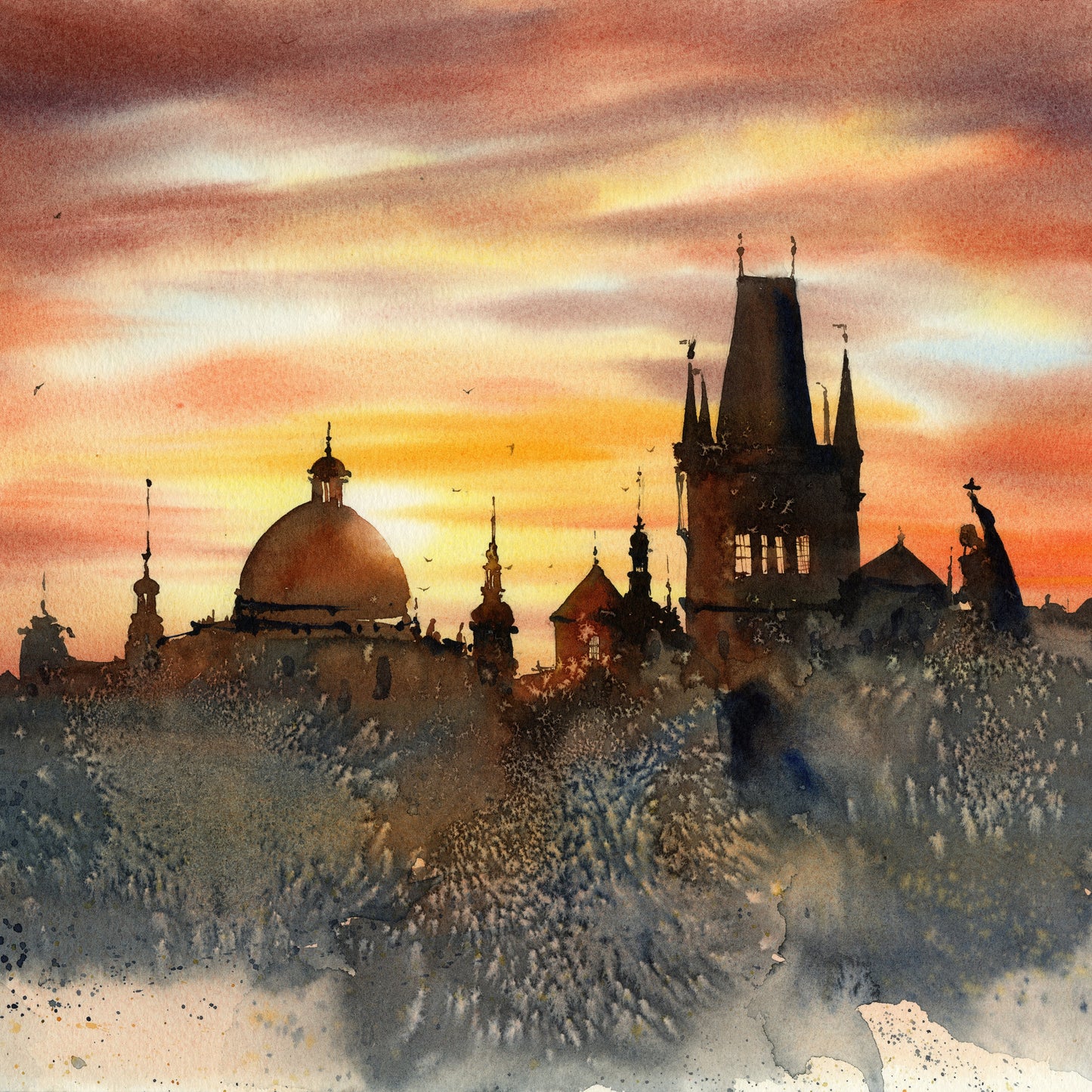 Prague Art Print, Czech Wall Art, Charles Bridge Sunset, Travel Poster, Gift Idea, Watercolor Painting, Europa Architecture