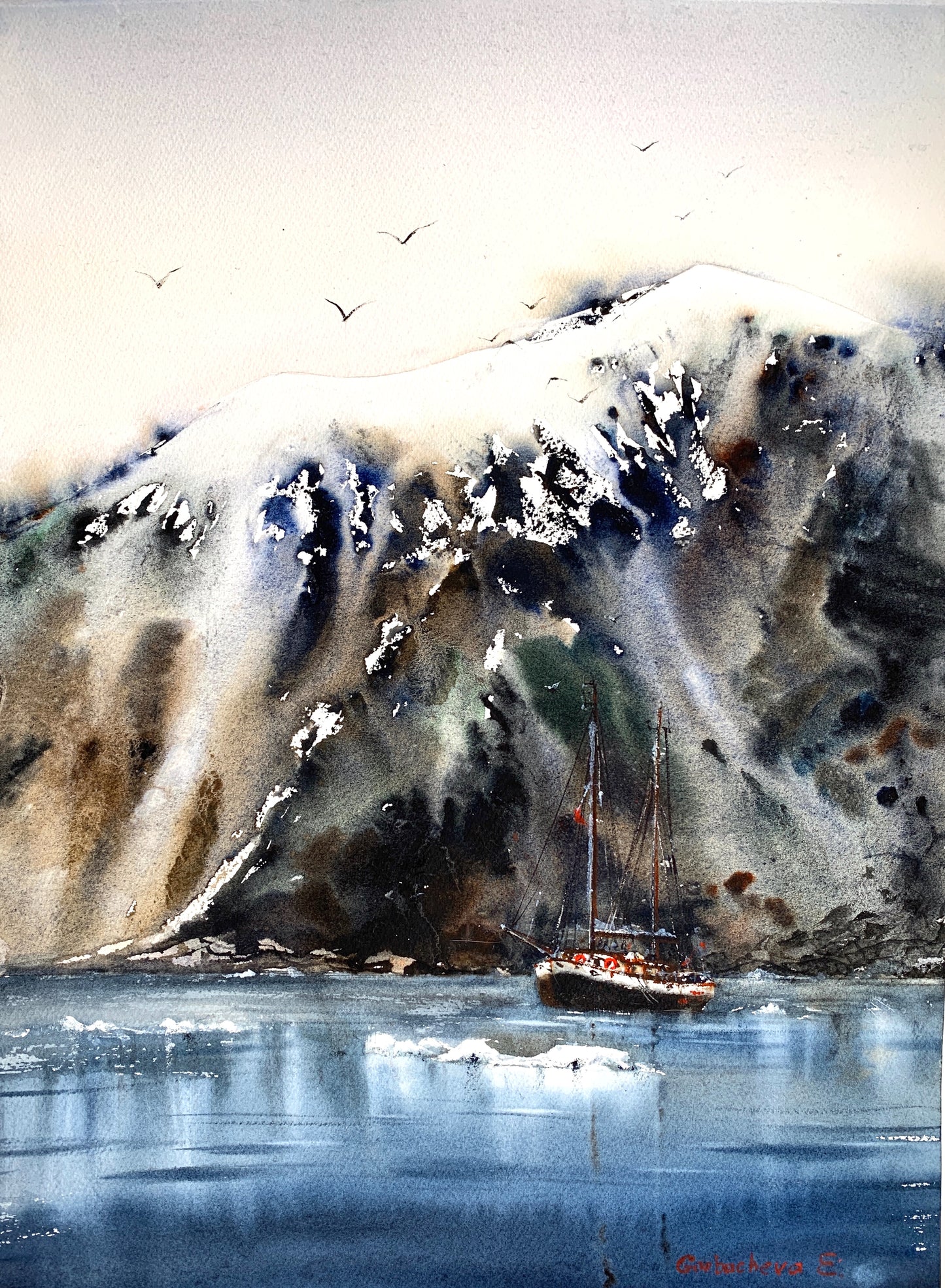 Watercolor Painting Original - Ship and fjords - 22x16 in