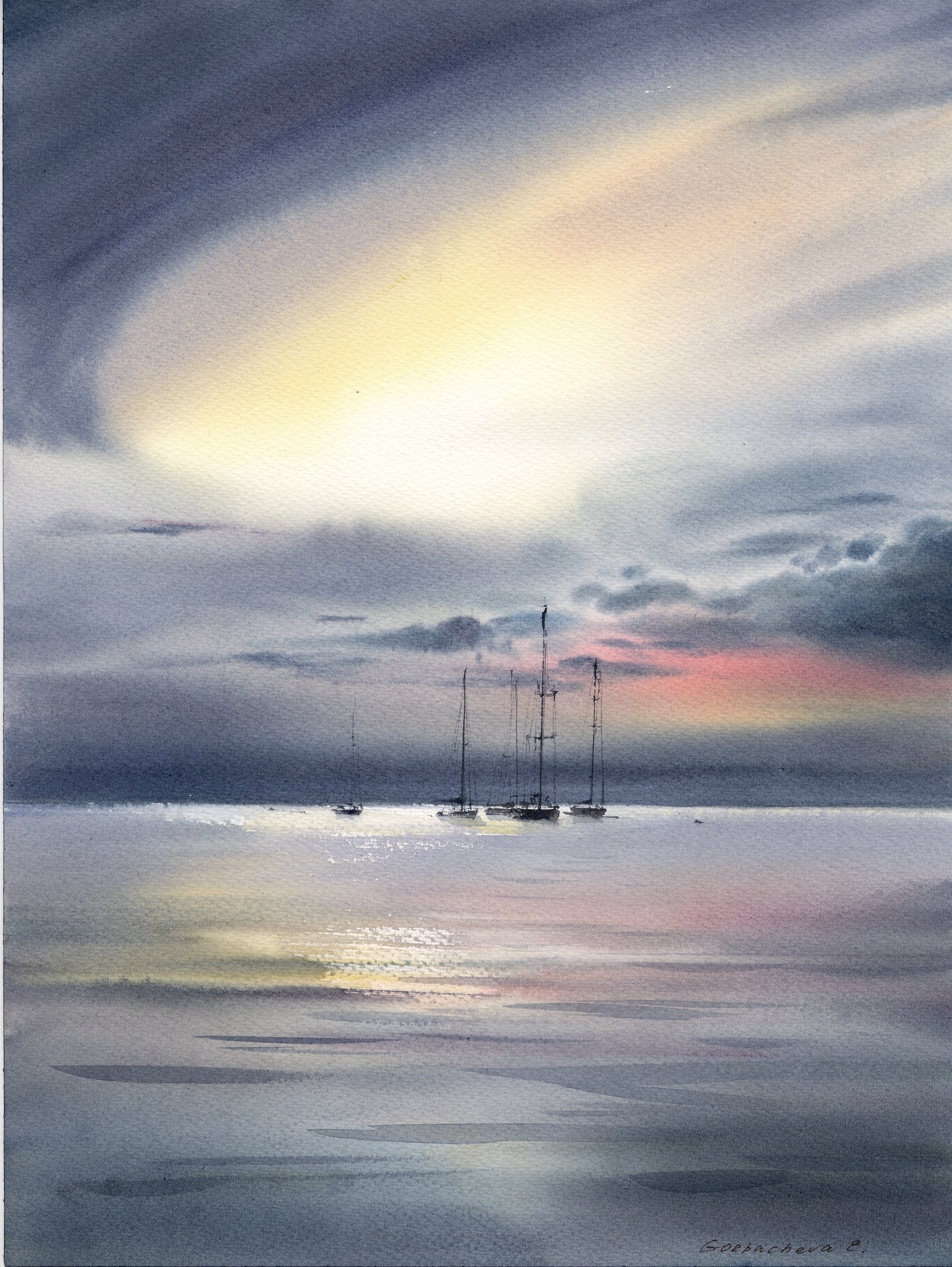 Cloud Yacht Painting Original Watercolor - Yachts at sea at dawn #2