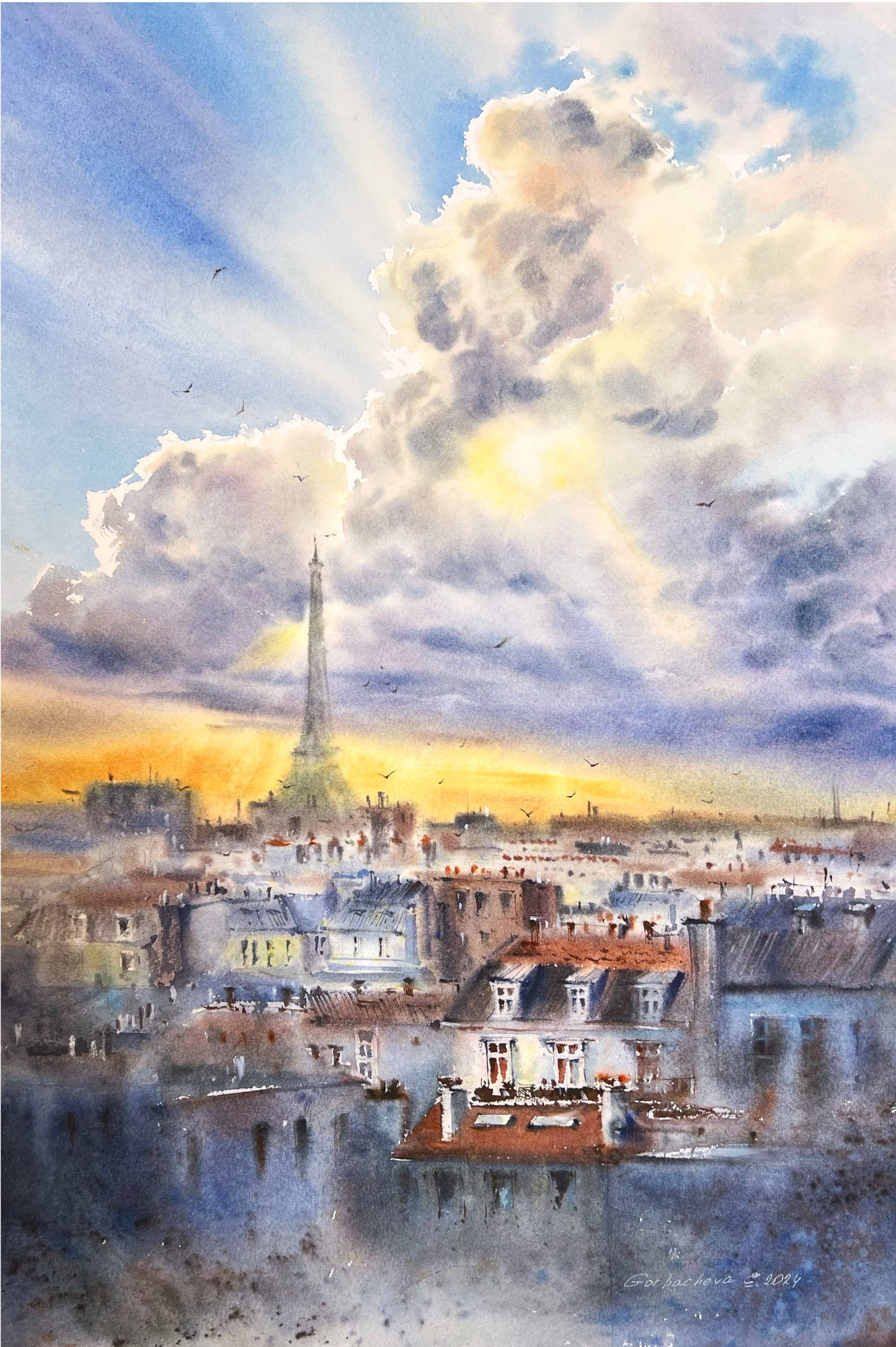 Eiffel Tower & Parisian Architecture Watercolor Painting - Sunset Scene