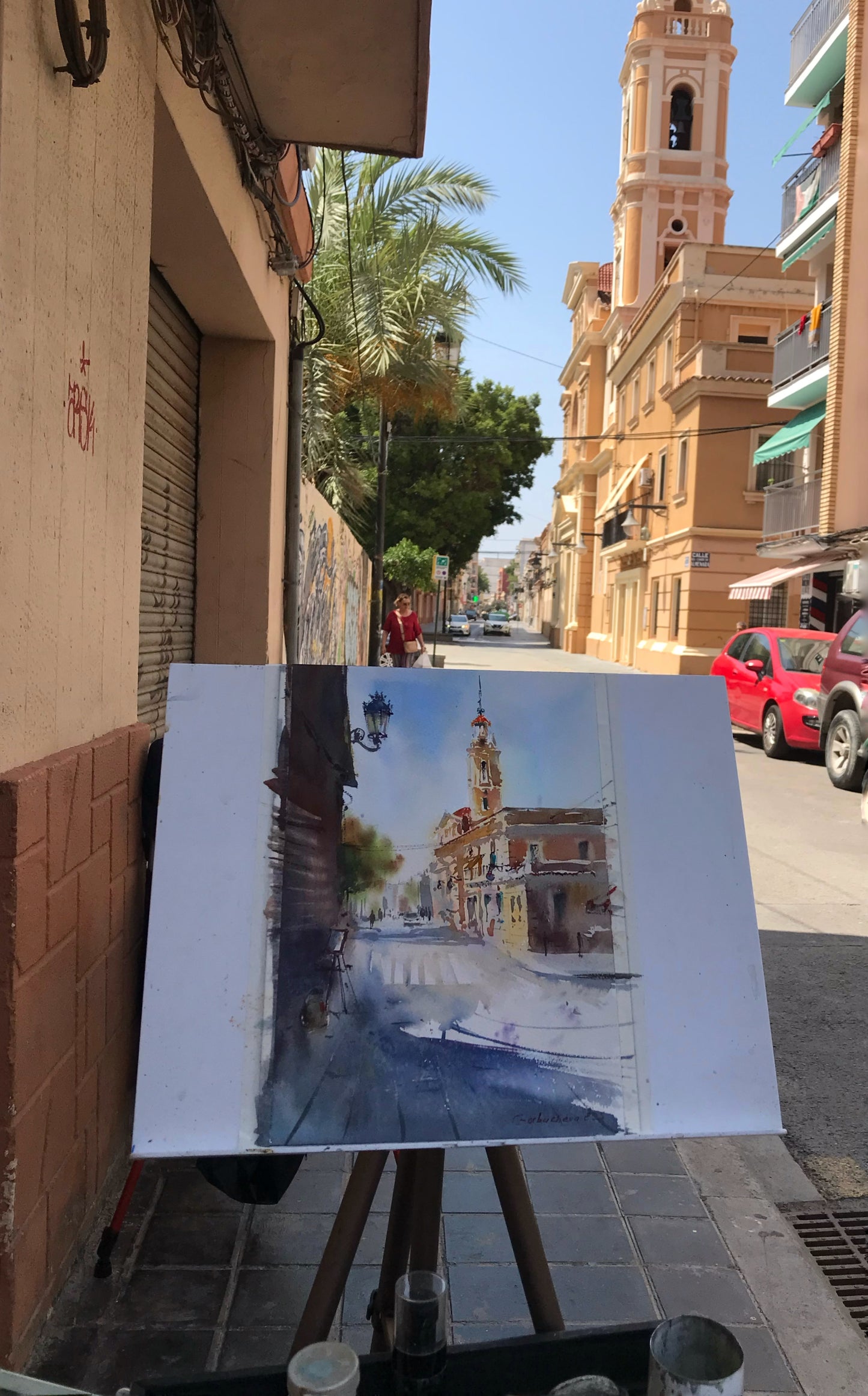Valencia Sunlit Square – Watercolor Painting – Spain-Inspired Art – Morning Stillness in Valencia #2 8x12 in