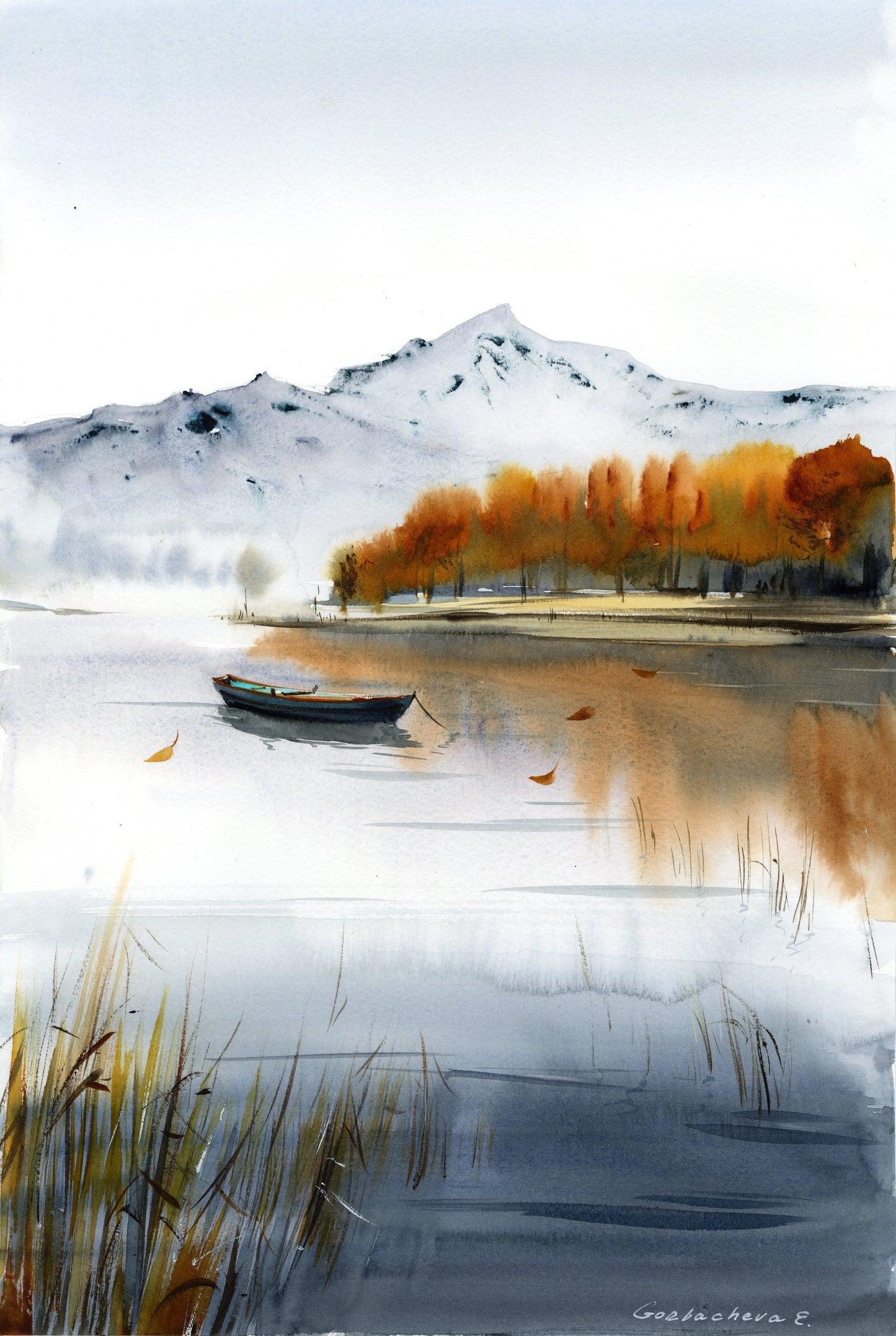 Watercolor Original Lake Painting - 'Boat on a Mountain Lake' with Fall Forest - Beautiful Nature Art for Living Space