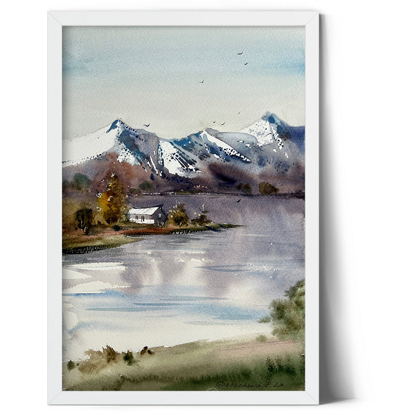 Lake View Painting, Original Watercolor House in the Mountains, Scenic Art for Home Decor, Perfect Nature Lover Gift