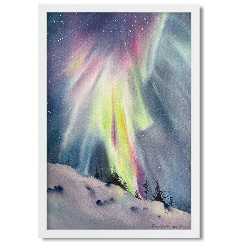 Small Painting Northern lights, Christmas Original Watercolor, Night Sky Artwork, Winter Landscape, Aurora Borealis