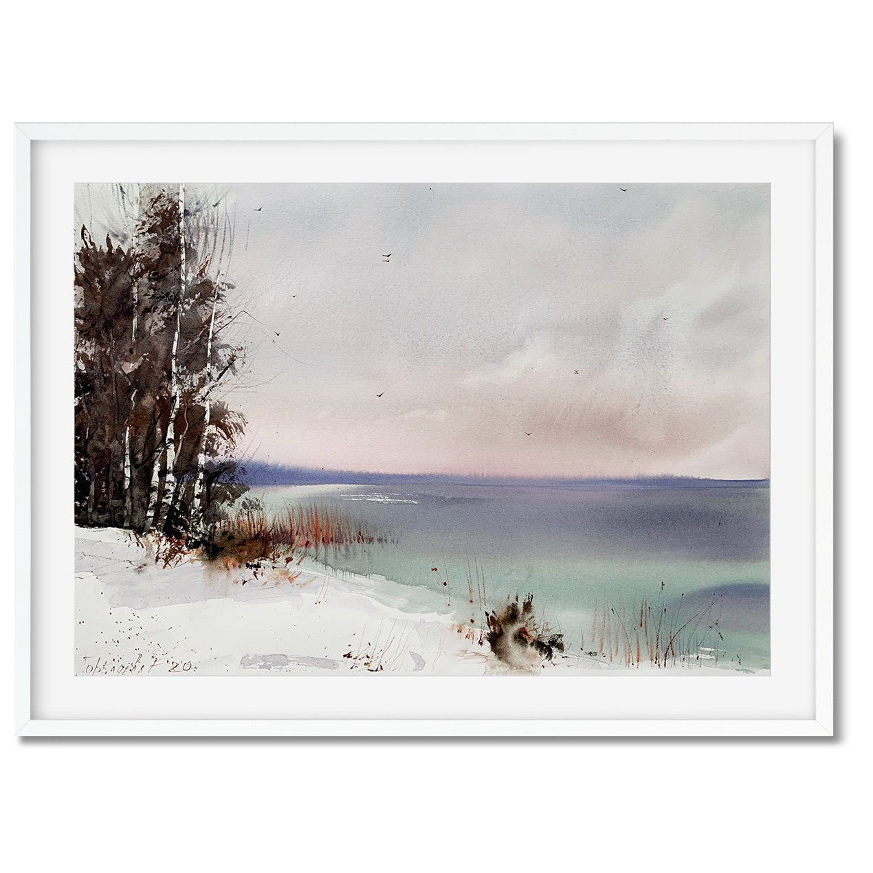 Lake Landscape Painting Watercolor Original, Home Wall Art, Nature Wall Decor, Grey, Turquoise, Trees, Unique Gift