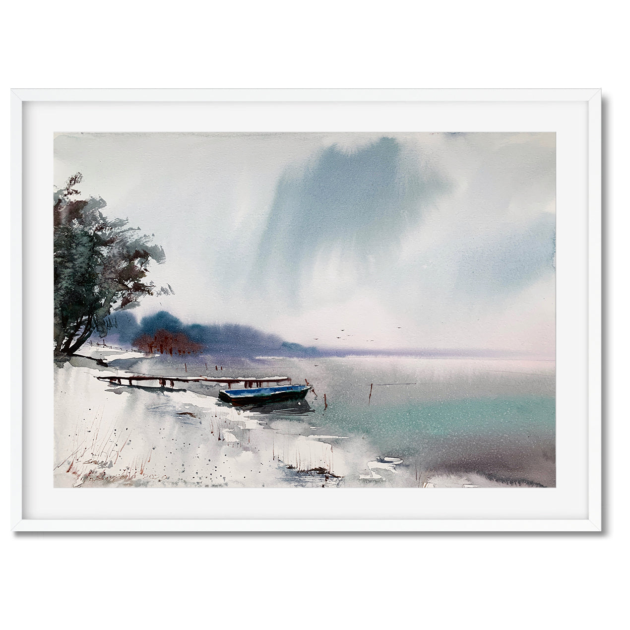 Lake Boat Painting Watercolor Original, Snow Landscape Wall Art, Nature House Wall Decor, Grey, Turquoise, Trees, Pier