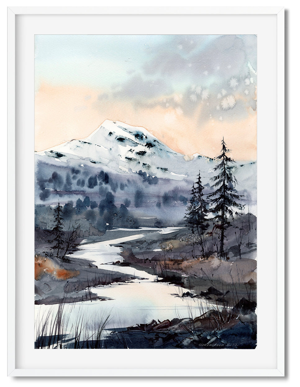 Mountain Forest Painting Watercolour Original, Abstract Nature Art, Landscape, Mountains, River, Modern Wall Decor, Vanilla Sky, Gift