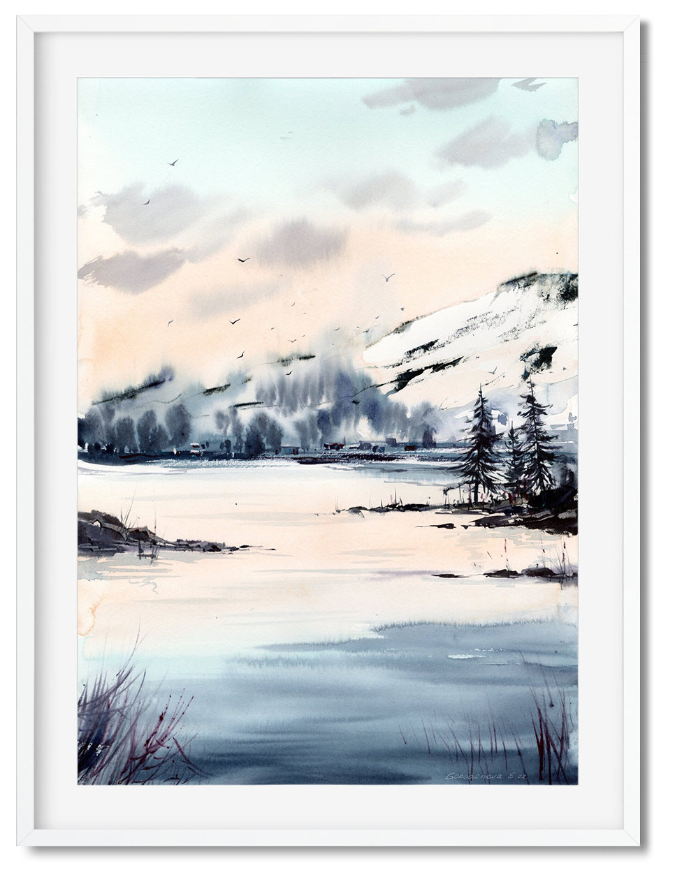Mountain Lake Painting Original Watercolor, Abstract Forest Art, Nature Landscape, Modern Wall Decor, Mountains, Vanilla Sky, Gift For Him