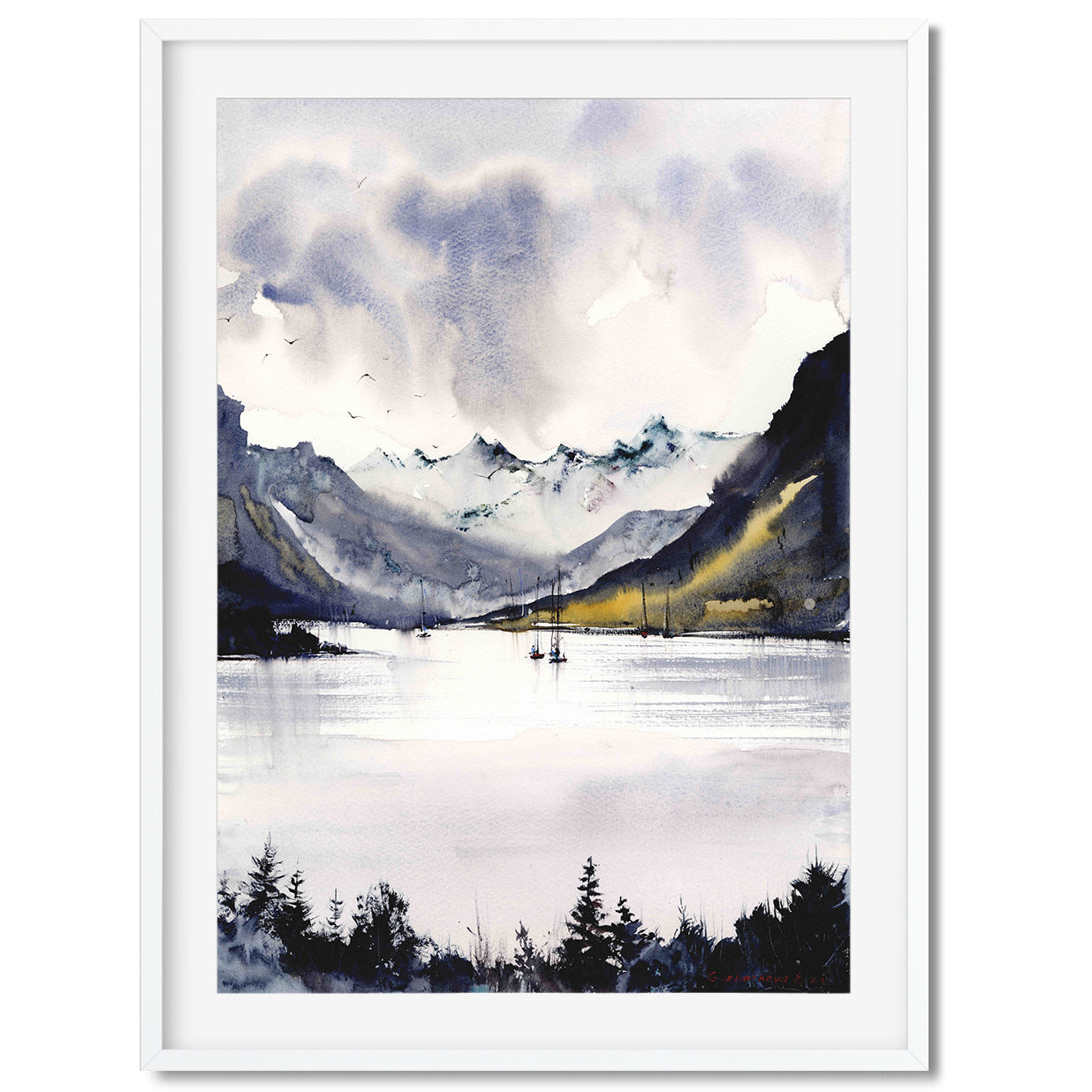 Mountain Forest Painting, Watercolor Original Art, Autumn Lake Artwork, House Wall Art, Landscape, Sailboat, Clouds