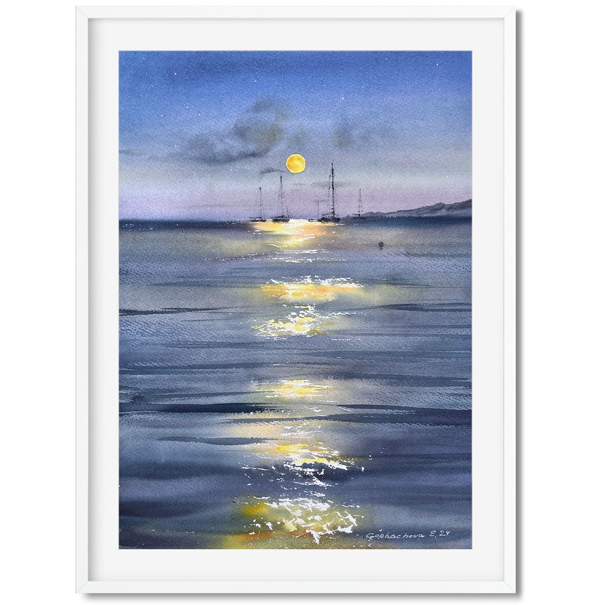 Ocean Beach Yacht Painting Watercolor Original - In the moonlight #6