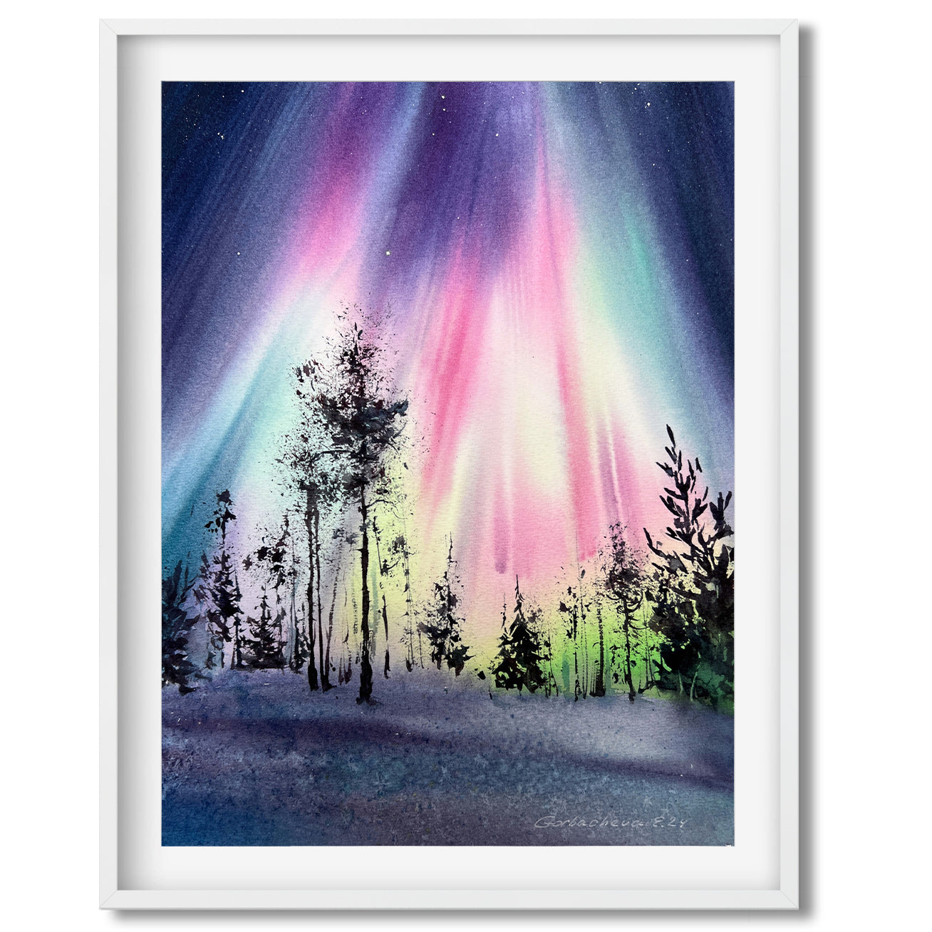 Scandinavian Landscape Watercolor Original Painting - Stunning "Northern Lights #53"