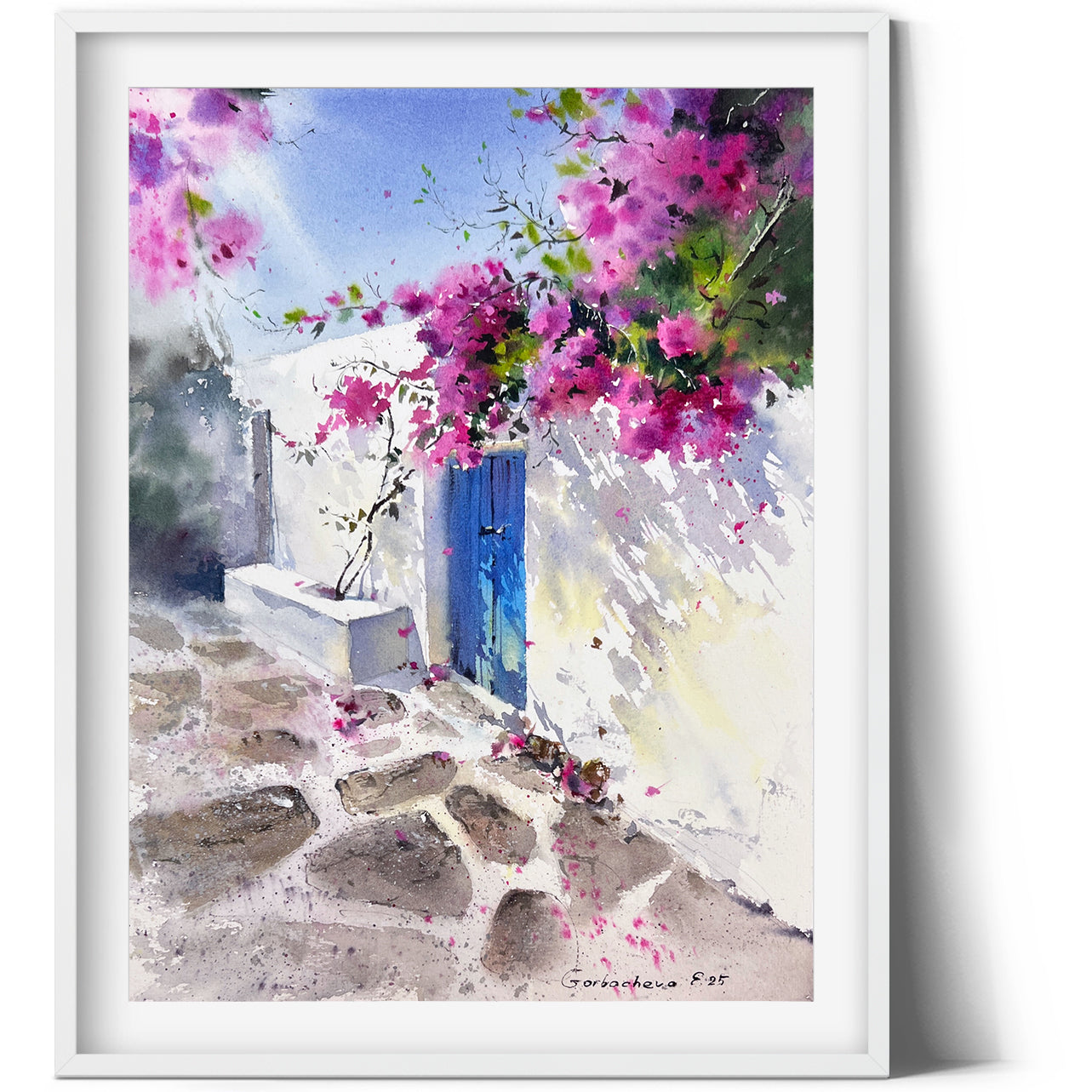 Original Watercolor Painting - Bougainvillea Door - Mediterranean Townscape