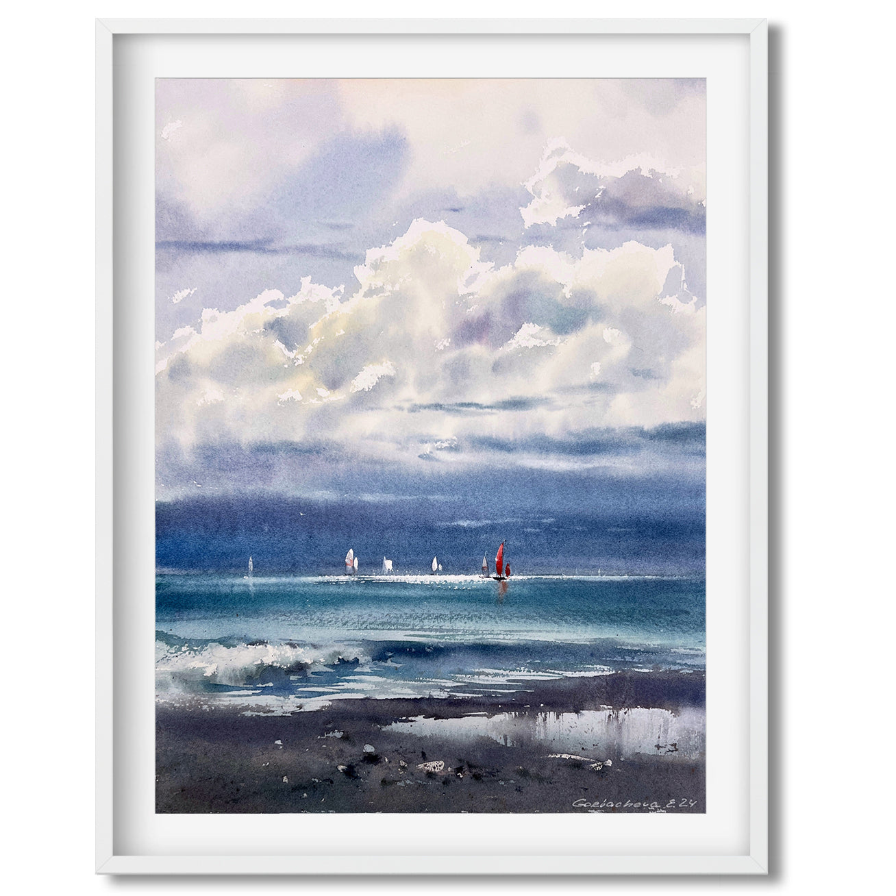 Coastal Dream: Kingdom of the Clouds #2 - Watercolor Artwork of Clouds and Yachts