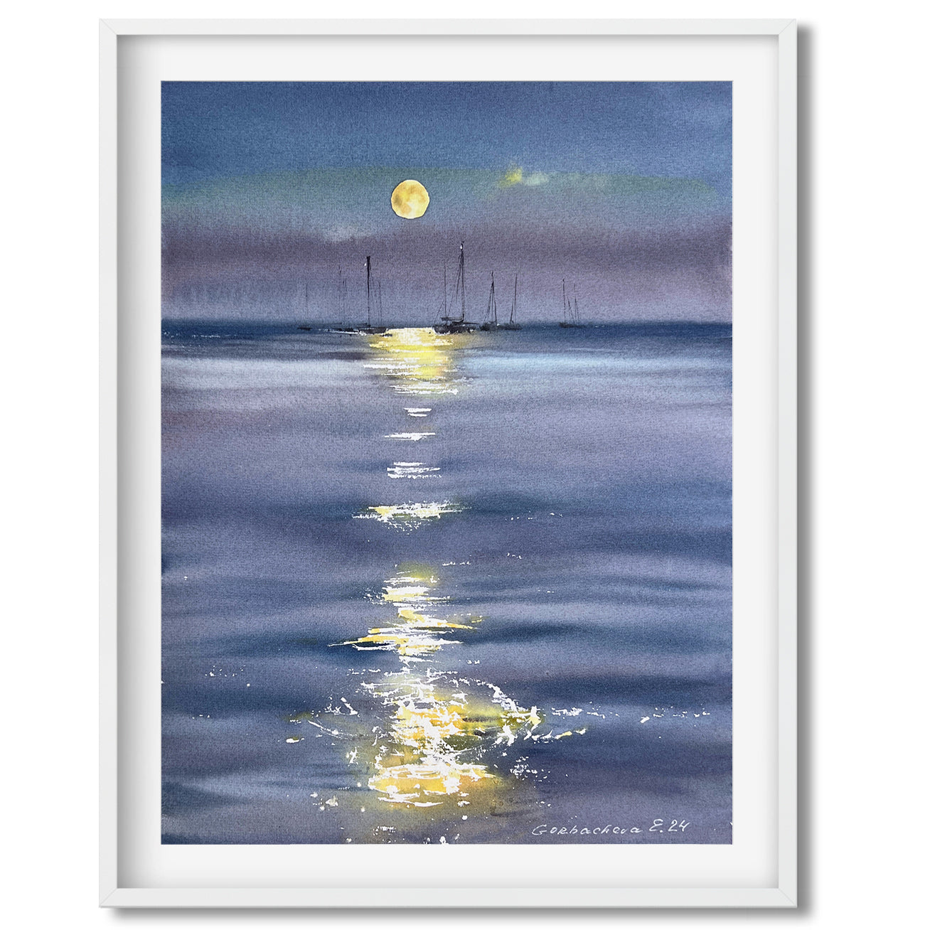 Original Watercolor Painting 'In the Moonlight #14' - Yachts in Lunar Path 9x12 in
