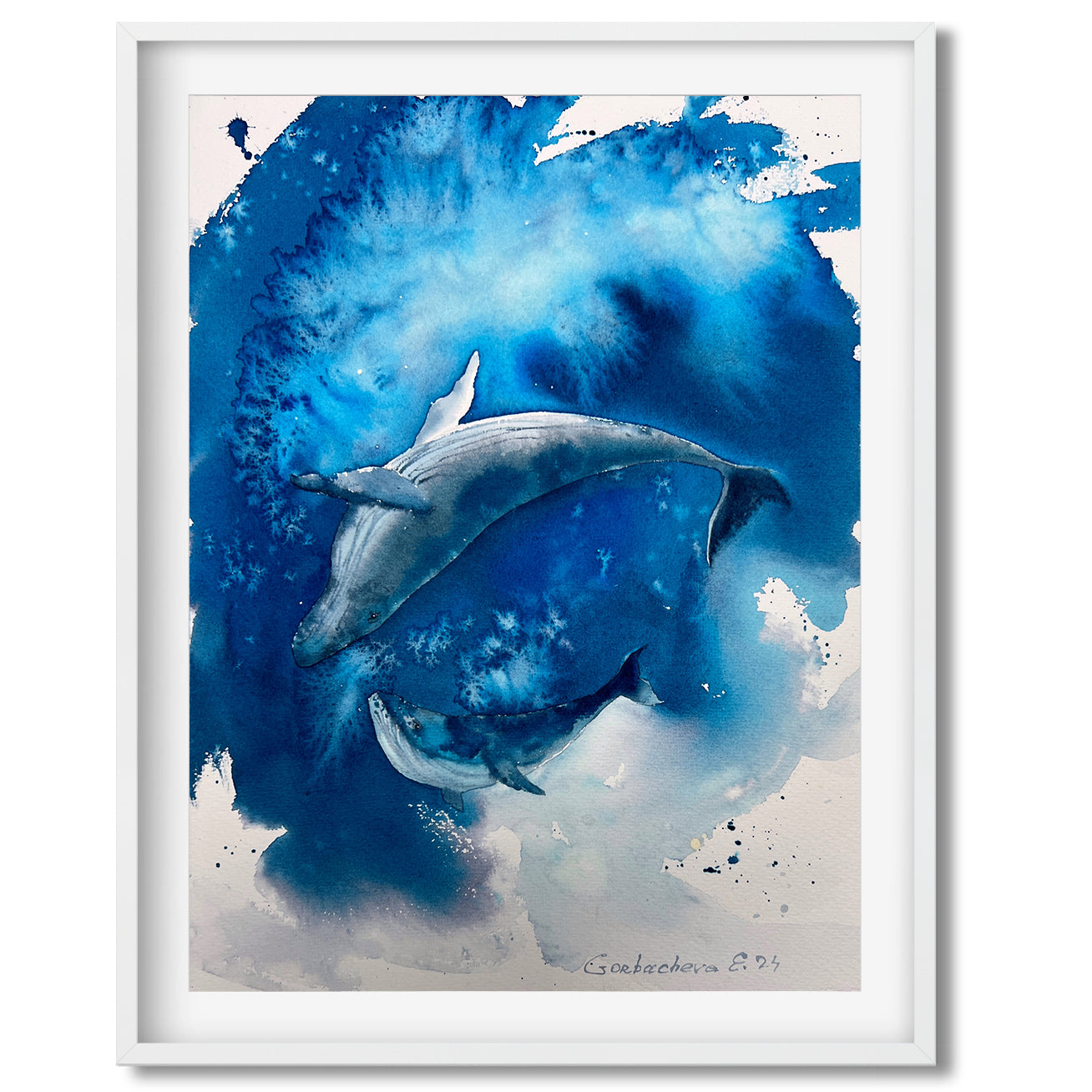 Ocean Life Art: Small Watercolor Painting 'Whales' 9x12 inches