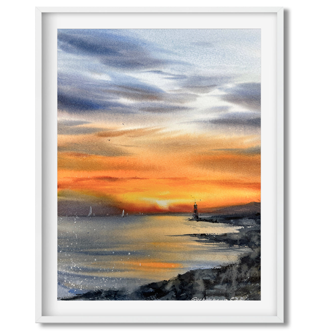 Lighthouse at Sunset #2 Watercolor Painting - Nautical Wall Art