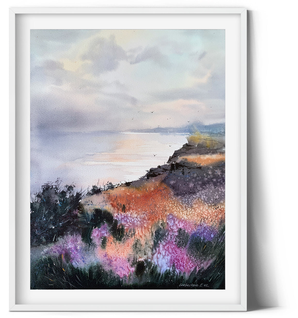 Abstract Coastal Painting Original Watercolor, Modern Wildflower Wall Decor, Sea Artwork, Gift, Purple Orange Flowers