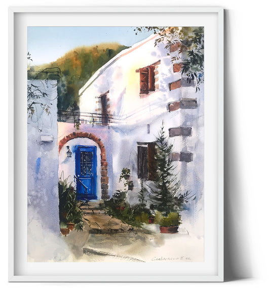 Greek Coastal City Painting Original, Sunset Watercolor Artwork, Greece Coast Village, Blue Door Wall Art, Travel Gift