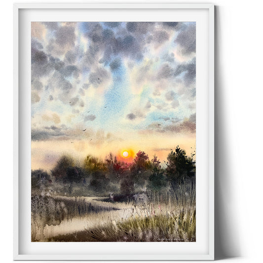 Foggy Field Scenery Painting, Original Watercolor Artwork, Country House Wall Art, Landscape In An Early Morning, Gift