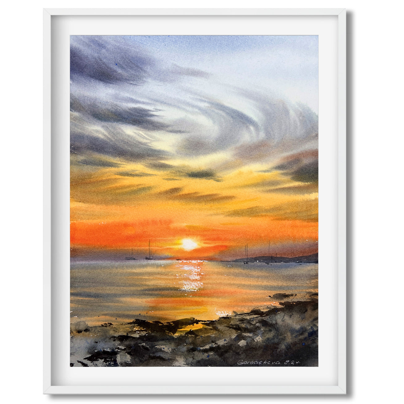 Seaside Sunset Watercolor Art | Orange Sunset #27 | Nautical Yachts 9x12 in