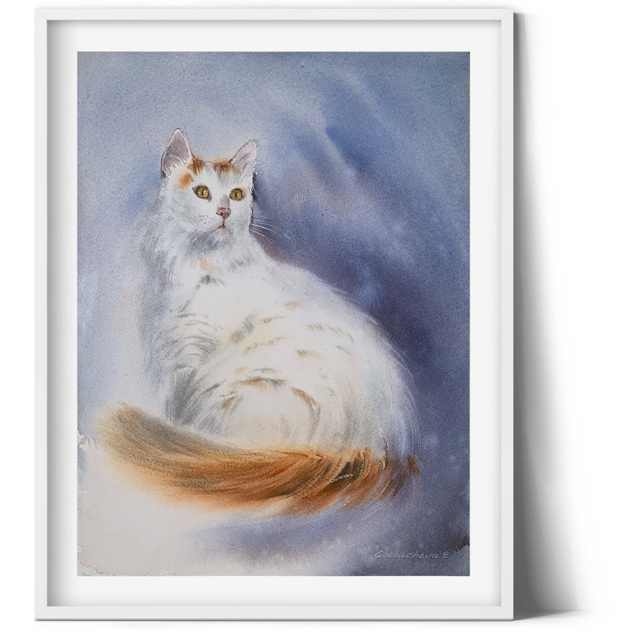 White Cat Painting, Original Watercolor Illustration, Cat Portrait, Animal Wall Art, Cats Lover Gift