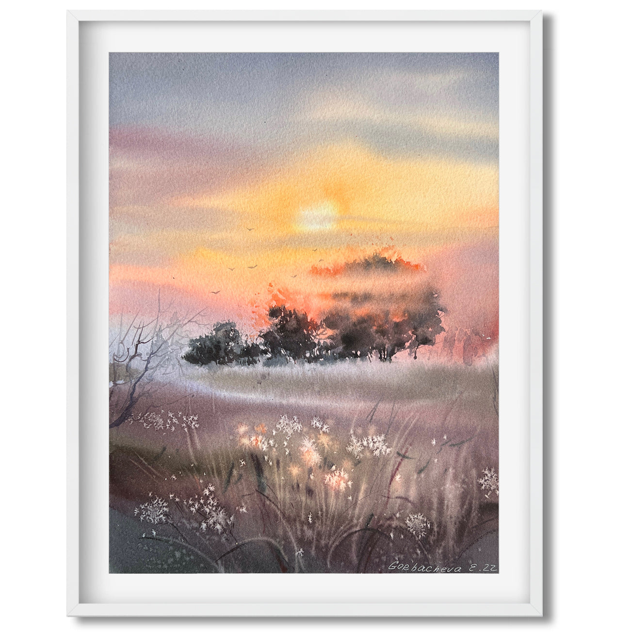Fog Morning Painting, Watercolor Original Artwork - Orange sunset #21