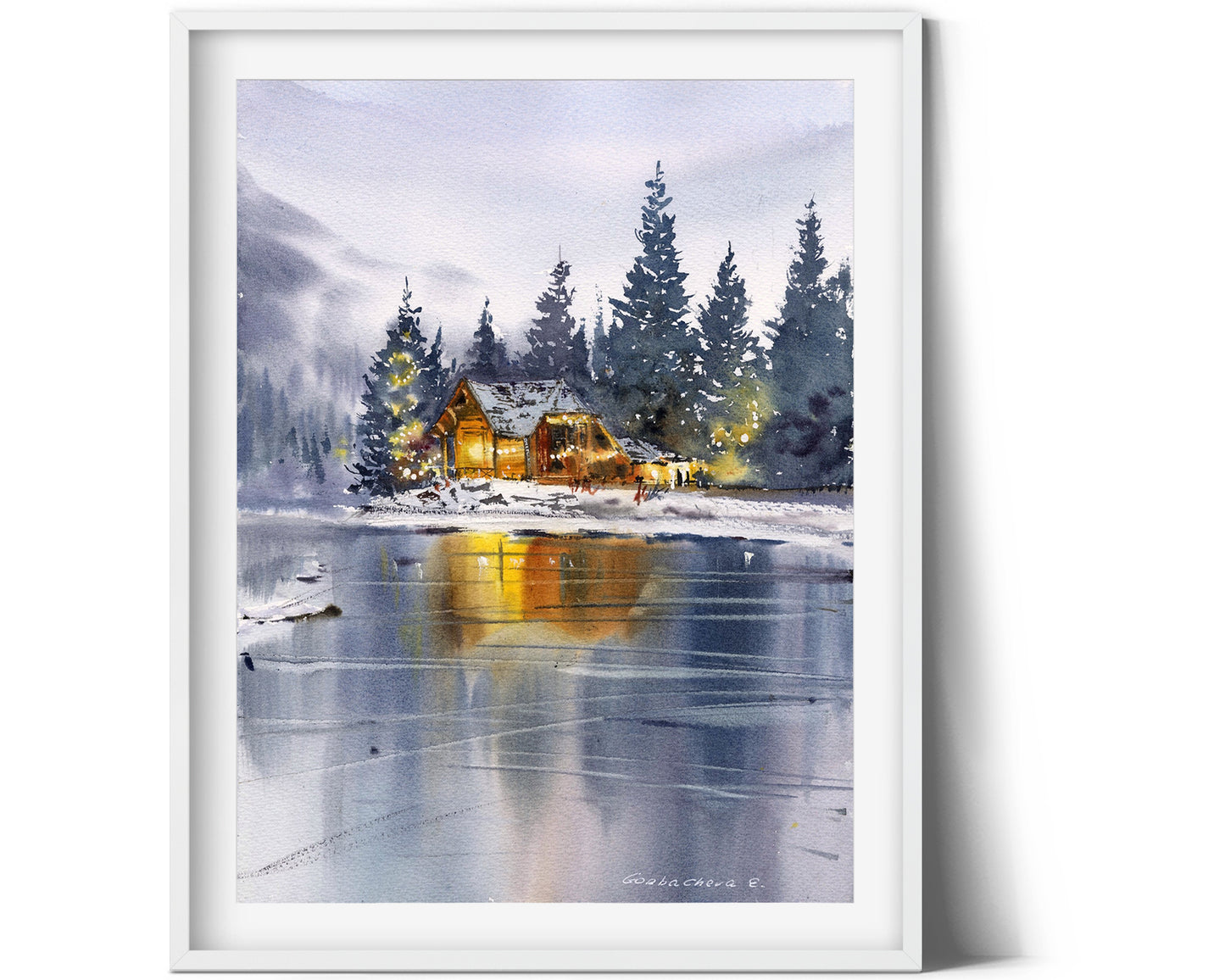 Christmas Painting, Small Watercolor Original, Night Sky, Snowy Landscape, Frozen Lake Artwork, Happy New Year Gift