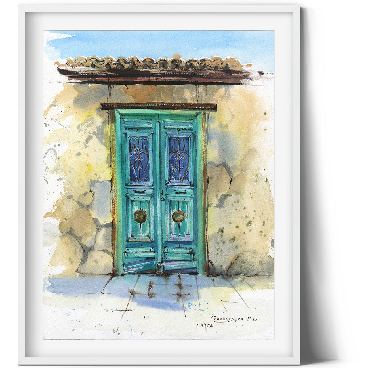 Old Door Print, Architecture Wall Art, Green, Greece, Greek Vintage Door, Watercolor Art, Illustration