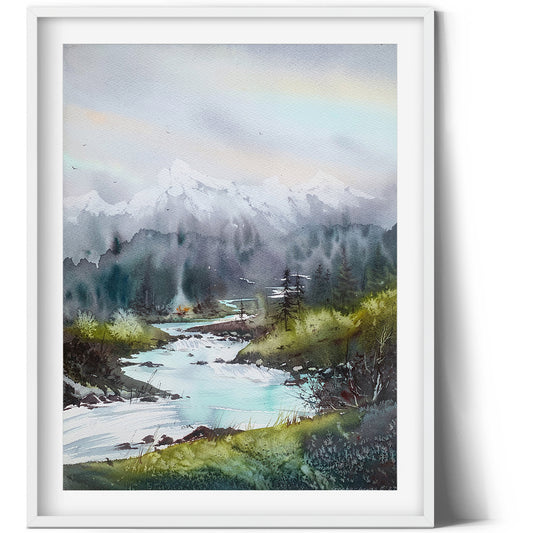 Mountain Forest Modern Painting Original Watercolour, Nature Art, Bedroom Wall Decor, Landscape With River, Olive Green, Unique Gift