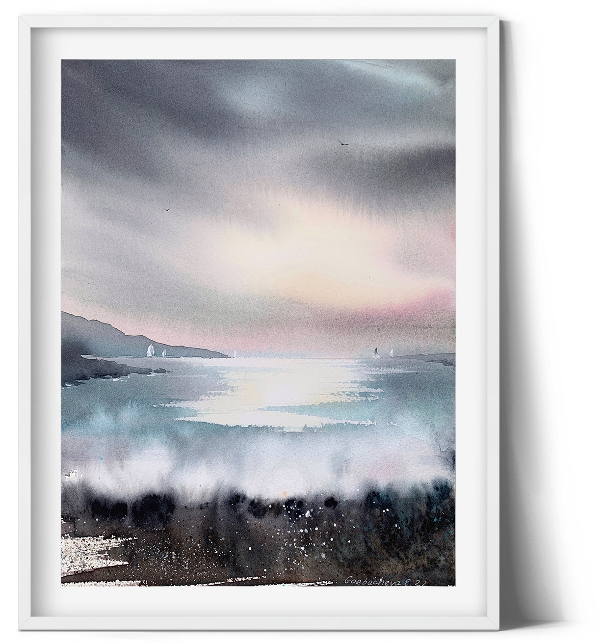 Abstract Painting Watercolor Seascape Original, Nordic Sea, Ocean Waves Wall Art, Modern room Wall Decor, Gift