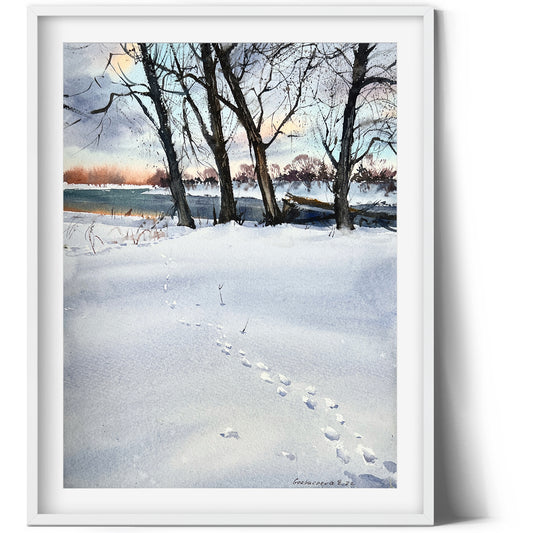 Snowy Landscape Painting Original, Watercolor Winter, Snowy Trees Wall Decor, Christmas Art, Frozen River