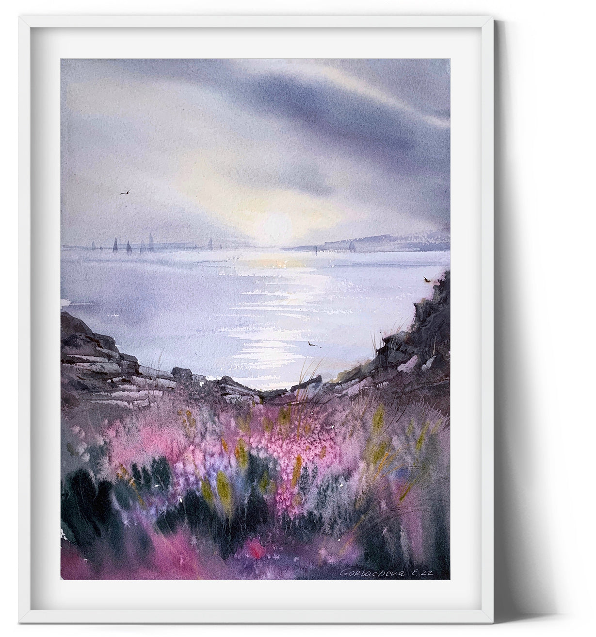 Coastal Painting Watercolour Original, Seascape Spring Wildflowers Art, Ocean Art, Flowers Beach