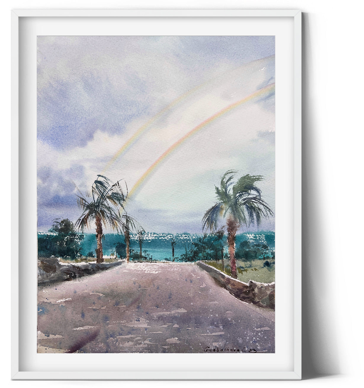 Palm Beach Painting Original, Small Watercolor Artwork, Coastal Art, Sea House Living Room Wall Decor, Gift, Rainbow