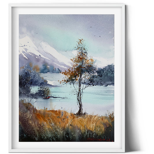 Fall Mountain Watercolor Painting Original, Landscape Artwork, Mountains With Pine Forest, Narure, House Decor, Turquoise Lake, Burnt Orange
