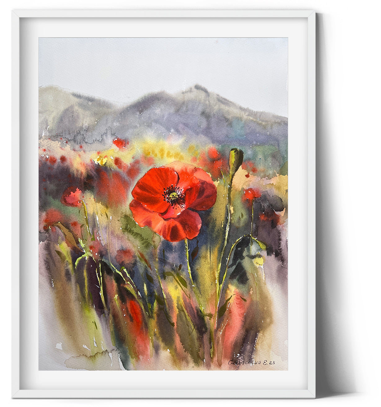 Red Flower Watercolor Painting Original, Californian Poppy Field, Landscape, Kitchen Wall Decor, Botanical Art, Gift