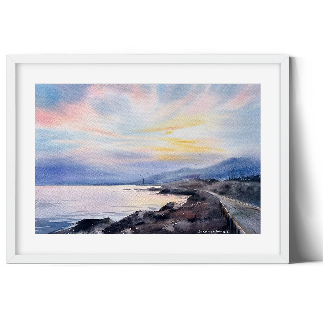 Original Watercolor Painting - Dawn on the sea Cyprus #6 - Colorful Coastal Art